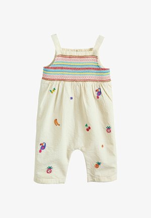 Kreminės spalvos kūdikių kombinezonas su spalvoto siuvinėjimo viršutine dalimi, ant kojų ir liemens išmėtyti siuvinėti vaisiai ir paukščiai.