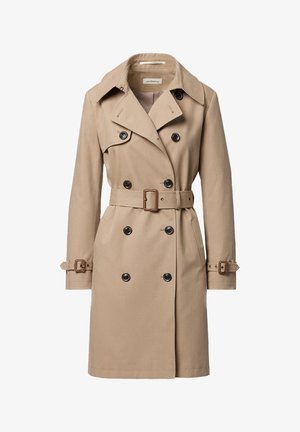 Beżowy dwurzędowy trencz z szerokimi klapami, paskiem w talii, zapinanymi na guziki mankietami oraz przednimi kieszeniami.