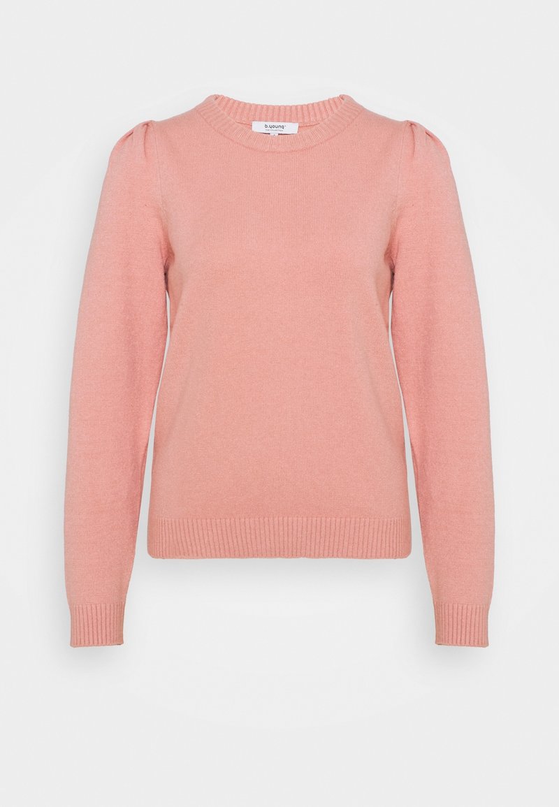 Pull rose pâle à manches longues avec col rond, poignets et ourlet côtelés, et discrètes fronces aux épaules, présenté sur fond blanc.