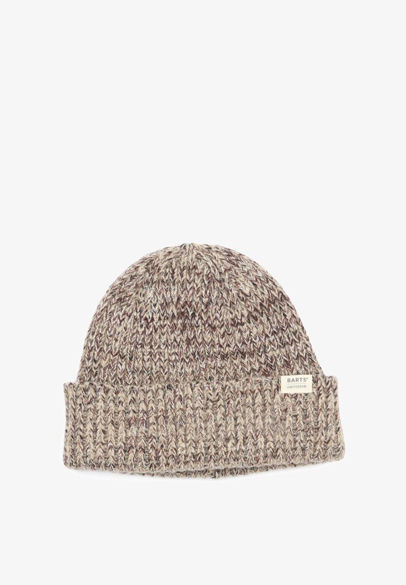 Gebreide muts in beige en bruine tinten met een opgerolde boord, met een geweven structuur en een klein label met de tekst "BARTS AMSTERDAM."