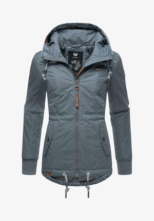 Graue Steppjacke mit Reißverschluss, verstellbare Kapuze und Kordelzug an der Taille. Verfügt über Seitentaschen und ein gemustertes Innenfutter.