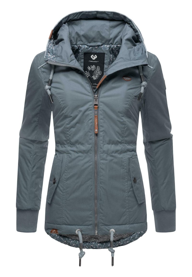 Gray puffer jacket with a zip front, adjustable hood, and drawstring waist. Features side pockets and a patterned interior lining.