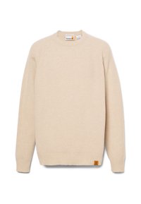 Maglione a coste beige con collo girocollo, maniche raglan e una piccola patch con logo sul lato sinistro in basso. Tessuto morbido e vestibilità rilassata.