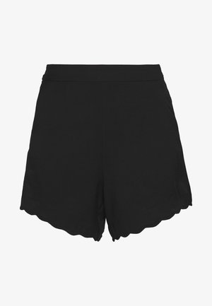 Shorts pour femmes noires avec un ourlet festonné et une taille élastique, fabriqués en tissu léger.