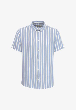Chemise à manches courtes à boutons, rayée bleu clair et blanche, avec un col classique et une texture douce.