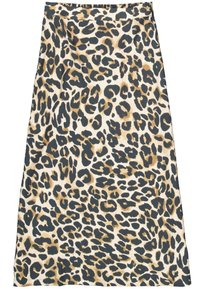 Rock mit Leopardenmuster, der einen beigefarbenen Hintergrund mit dunkelbraunen und schwarzen Flecken aufweist. Hergestellt aus leichtem Stoff und mit einem elastischen Bund.