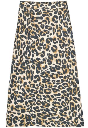 Jupe en imprimé léopard présentant un fond beige avec des taches marron foncé et noires, fabriquée en tissu léger, dotée d'une taille élastique.