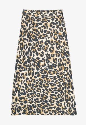 Leopardprint rok met een beige achtergrond en donkere bruine en zwarte vlekken, gemaakt van lichte stof, met een elastische tailleband.
