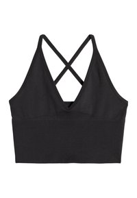 Fekete croptop V-alakú dekoltázzsal és keresztbe futó pántokkal a háton; puha, elasztikus anyagból készült, fitted bordázott derékpánttal.