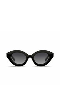 Svarta cat-eye solglasögon med en glansig finish, med graduerade grå linser och tjocka kanter. Distinkt form som framhäver vintage stil.