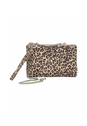 Leopardprint clutch lavet af stof, med lynlås-lukning, aftagelig kæderekke og en matchende håndledsrem. Teksturopperflade med sorte accenter.