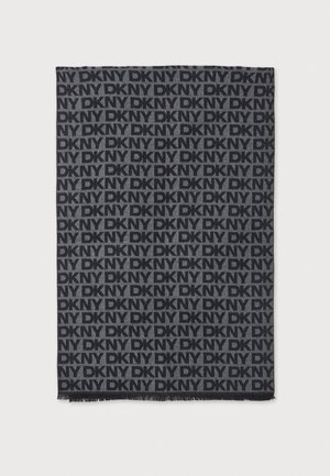 Écharpe rectangulaire noire et gris foncé avec motif répété du logo DKNY et courte frange sur un bord, présentée à plat sur fond blanc.