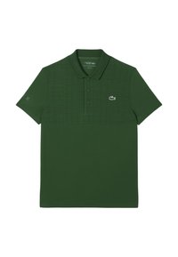 Polo verde realizzato in tessuto testurizzato, con un motivo sottile nella parte superiore, colletto con tre bottoni e logo ricamato sul petto.