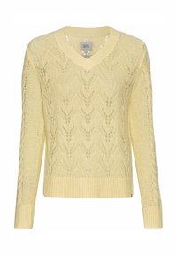 Helles gelbes Strickpullover mit V-Ausschnitt, detailliertem Spitzenmuster und gerippten Ärmelabschlüssen sowie Saum. Weiche Textur und offenes Maschenmuster.