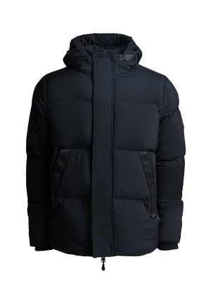 Giacca a vento nera con colletto alto, chiusura con zip e due tasche frontali; presenta una texture trapuntata e un cordino regolabile nel cappuccio.