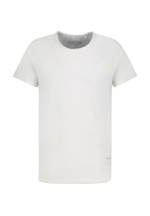 Plain white short-sleeve crew neck T-shirt with small printed text on the inside collar and near the bottom hem.