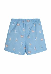 Hellblaue Badeshorts mit einem verspielten Druck von Möwen, Krabben und Segelbooten. Hergestellt aus glattem Stoff mit einem elastischen Bund.