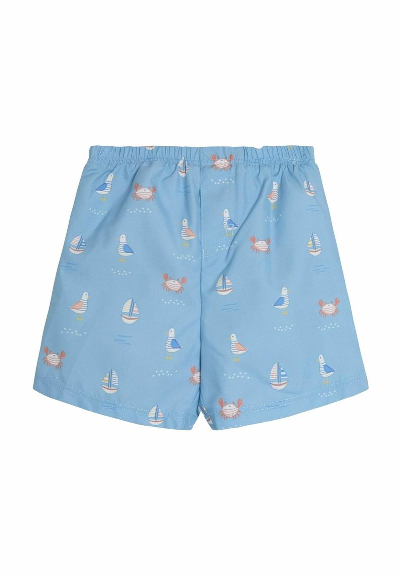 Hellblaue Badeshorts mit einem verspielten Druck von Möwen, Krabben und Segelbooten. Hergestellt aus glattem Stoff mit einem elastischen Bund.