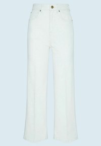 Vaaleansiniset leveälahkeiset farkut, joissa on korkea vyötärö, etutaskut ja yksi nappikiinnitys. Yksinkertaiset linjat ja ei näkyvää kulutusta.