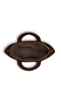 Brown leather handbag with two handles, open top zipper, and interior pockets including a zippered compartment and slip pocket.