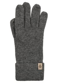 Gestrickte Handschuhe in Dunkelgrau mit umgeschlagenem Bündchen. Verfügt über fünf separate Fingersegmente und ein kleines Etikett am Bündchen. Weiche Textur.