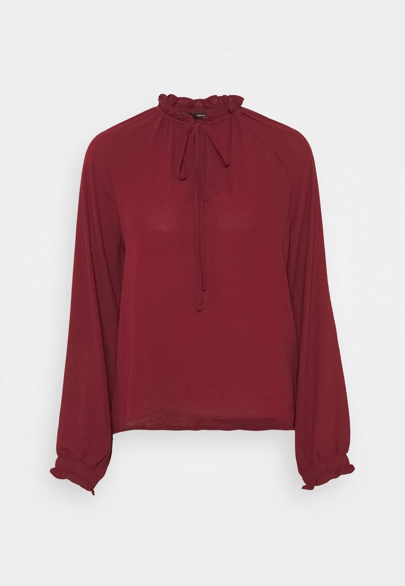 Burgunderfarbene Bluse mit langen Ärmeln, Rüschenausschnitt und Bindedetail, mit elastischen Manschetten und lockerer Passform. Glattes, leichtes Material.