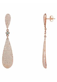 Orecchini pendenti in oro rosa con design a goccia, decorati con cristalli trasparenti scintillanti e una pietra rotonda di accento.