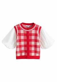 Czerwono-różowy dzianinowy kamizelka w kratkę z okrągłym dekoltem i guzikami z przodu, z białymi bufkami i ribbowym wykończeniem.