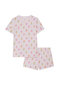 Conjunto de pijama de algodón de manga corta en rosa claro, con un patrón de conos de helado y polos en varios colores; incluye un pantalón corto a juego.