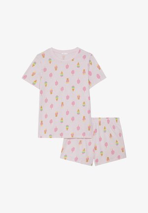 Conjunto de pijama de algodón de manga corta en rosa claro, con un patrón de conos de helado y polos en varios colores; incluye un pantalón corto a juego.