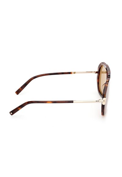 Lunettes de soleil en écaille de tortue marron avec des verres ronds et des branches en métal doré, vues de profil sur un fond blanc.