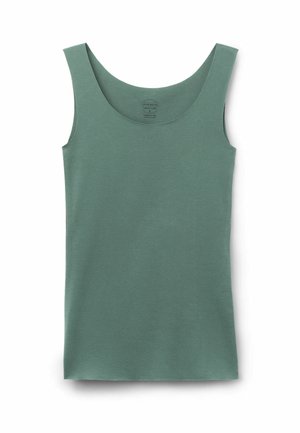 Mintgroene tanktop met een ronde halslijn en brede schouderbanden. Gemaakt van een zachte, rekbare stof; gladde textuur; geen opvallende patronen.