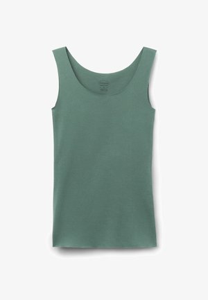 Mintgrøn tanktop med rund halsudskæring og brede skulderstropper. Lavet af blødt, strækbart stof; glat tekstur; ingen fremtrædende mønstre.