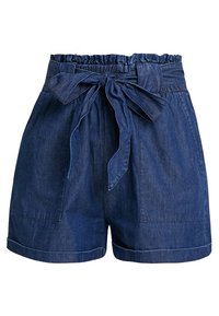 Shorts en denim de couleur bleu foncé, avec une taille élastique et un détail de nœud attaché. Ils disposent de deux poches frontales et d'une coupe décontractée.
