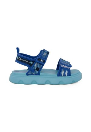 Sandalia azul ajustable con puntera abierta, suela azul clara, gráficos de cactus en la correa delantera y branding "Ipanema" en la correa del tobillo.