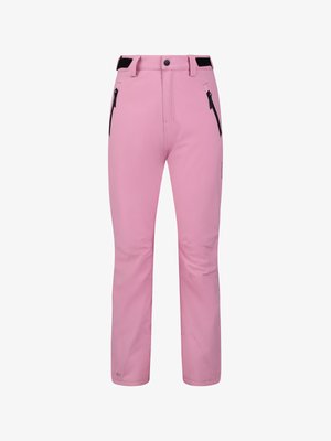 Calças de exterior rosa com bolsos laterais pretos com fecho, tiras ajustáveis na cintura e áreas reforçadas nos joelhos e tornozelos.