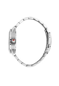 Orologio in acciaio inox argentato con cassa rettangolare, finitura spazzolata, accento rosso sulla corona e design con bracciale a maglie.