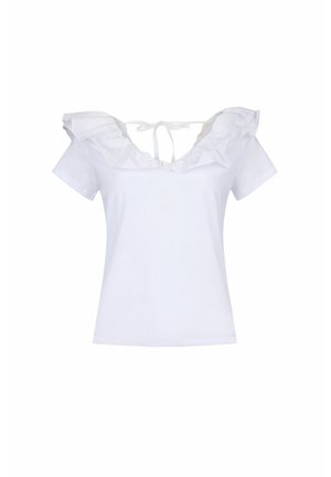 Top bianco a maniche corte con scollo arricciato e dettaglio con fiocco sul retro. Realizzato in un tessuto morbido con una silhouette aderente.
