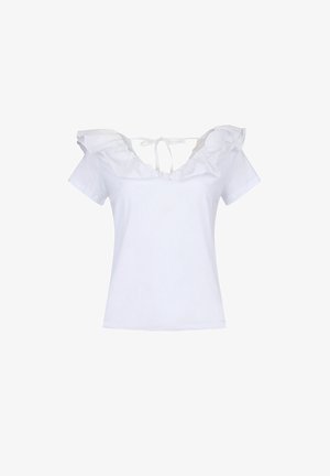 Top bianco a maniche corte con scollo arricciato e dettaglio con fiocco sul retro. Realizzato in un tessuto morbido con una silhouette aderente.