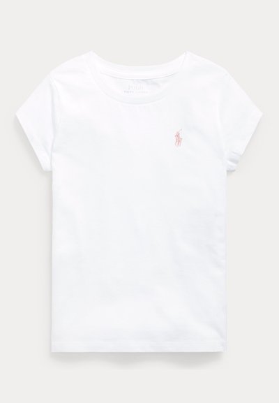 T-shirt blanc à manches courtes et col rond avec petit logo rose Polo Ralph Lauren brodé sur la poitrine gauche.