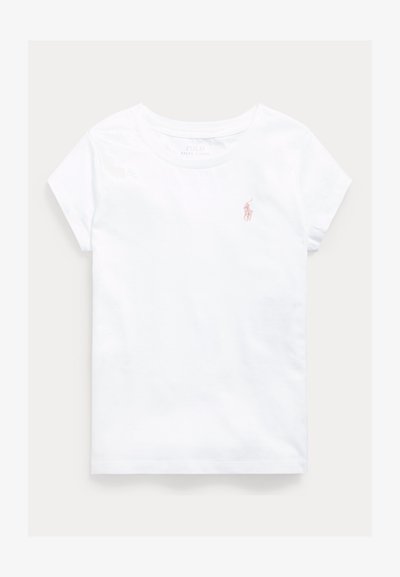 T-shirt blanc à manches courtes et col rond avec petit logo rose Polo Ralph Lauren brodé sur la poitrine gauche.