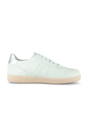 Light green suede sneaker with beige rubber sole, lace-up front, and metallic silver heel detail, shown in side profile.
