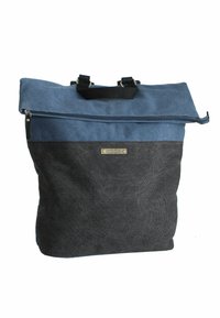 Canvas backpack with a roll-top design, featuring a dark gray bottom and blue top, metal hardware, and a front label tag.