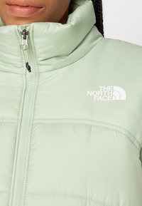Jasnozielona kurtka puchowa z wysokim kołnierzem, przeszyciami, zamkiem z przodu oraz białym logo North Face na piersi.