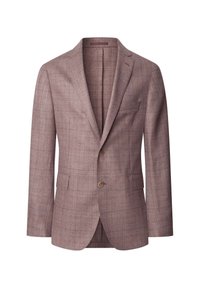 Blazer ajusté en tissu mauve clair avec un motif à carreaux subtil, revers crantés, deux boutons et poches avant. Doublure intérieure.