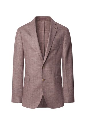 Slim-fit blazer in a light mauve fabric with a subtle check pattern, notch lapels, two buttons, and front pockets. Lined interior.
