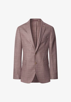 Slim-fit blejzer z svetlo fialovou tkaninou s jemným károvaným vzorom, klopovým golierom, dvoma gombíkmi a prednými vreckami. Podšívka vnútorného priestoru.