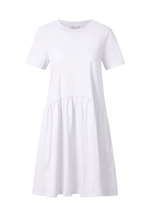 Valge lühikeste varrukatega kleit, mis on valmistatud pehmest puuvillast. Sellel on liibuv ülaosa ja laienev seelik, millel on talje juures kogumise detailid.