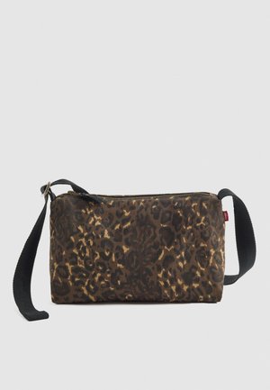 Rectangular crossbody bag with dark brown and black leopard print, black adjustable strap, and top zipper closure on light gray background.