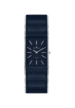 Tmavomodré obdĺžnikové keramické hodinky so striebornými hodinovými ukazovateľmi a ručičkami, striebornými okrajmi a značkou "Jacques Lemans" na ciferníku.